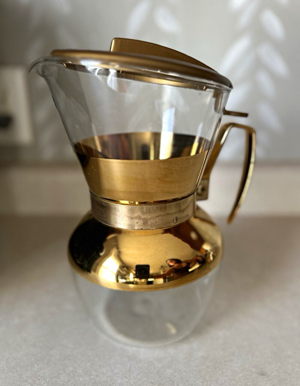 Clear Glass Coffee Pot Carafe w/ Gold-Tone Metal Lid & Handle, Solid